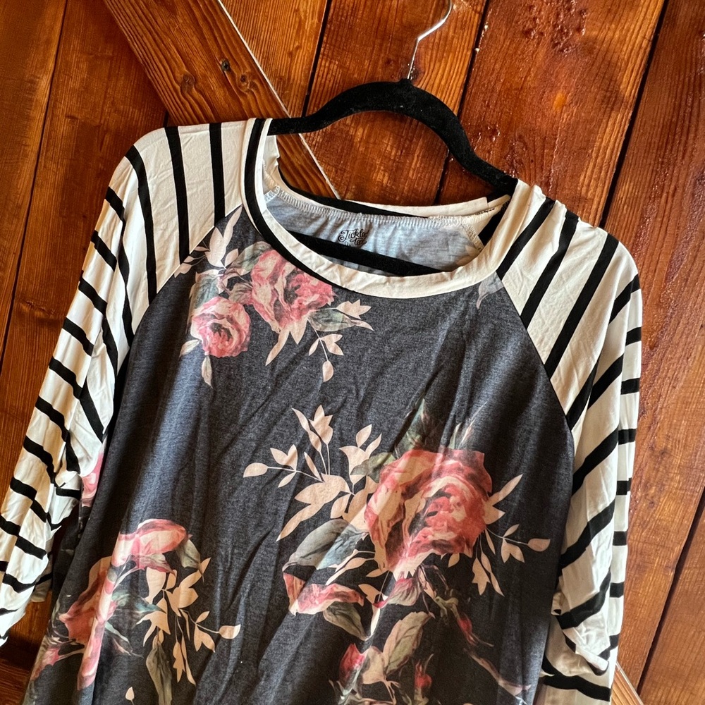 Tickled Teal Floral and Striped Long Sleeve Top - Picture 5 of 6